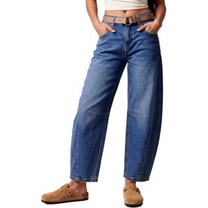 image:imageSidefeel Womens Barrel Jeans Wide Leg Mid Rise Y2k Ankle Denim PantsBlue