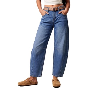 image:imageSidefeel Womens Barrel Jeans Wide Leg Mid Rise Y2k Ankle Denim PantsBluing