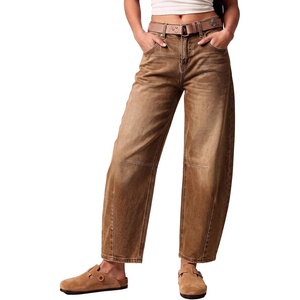 image:imageSidefeel Womens Barrel Jeans Wide Leg Mid Rise Y2k Ankle Denim PantsBrown