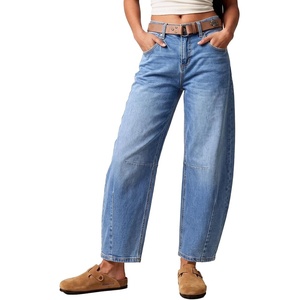 image:imageSidefeel Womens Barrel Jeans Wide Leg Mid Rise Y2k Ankle Denim PantsLight Blue