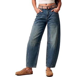 image:imageSidefeel Womens Barrel Jeans Wide Leg Mid Rise Y2k Ankle Denim PantsRetro Blue
