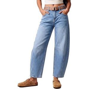 image:imageSidefeel Womens Barrel Jeans Wide Leg Mid Rise Y2k Ankle Denim PantsSky Blue