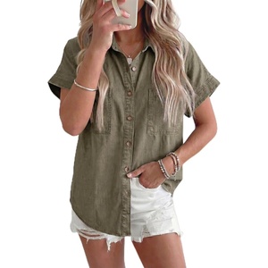 image:imageSidefeel Womens Button Down Denim Shirt Short Sleeve Jean ShirtGreen