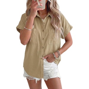 image:imageSidefeel Womens Button Down Denim Shirt Short Sleeve Jean ShirtKhaki