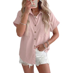 image:imageSidefeel Womens Button Down Denim Shirt Short Sleeve Jean ShirtPink