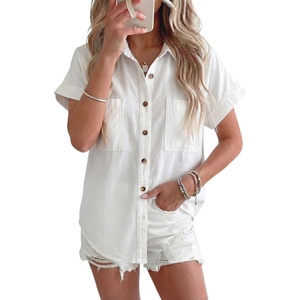 image:imageSidefeel Womens Button Down Denim Shirt Short Sleeve Jean ShirtWhite