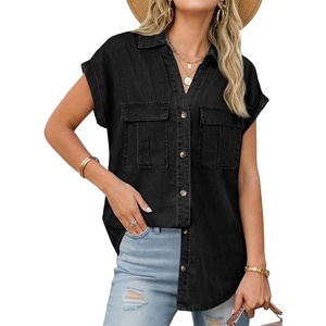 image:imageSidefeel Womens Denim Shirt Short Sleeve V Neck Button Down Jean Shirts Trendy Casual Oversized Loose Fit Summer Tops BlousesBlack