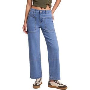 image:imageSidefeel Womens High Waist Stretchy Wide Leg Cargo Ankle JeansSky Blue