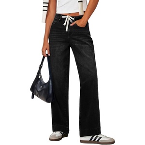 image:imageSidefeel Womens High Waisted Straight Leg Jeans Drawstring Denim PantsBlack