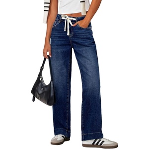 image:imageSidefeel Womens High Waisted Straight Leg Jeans Drawstring Denim PantsBluing