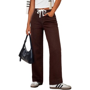 image:imageSidefeel Womens High Waisted Straight Leg Jeans Drawstring Denim PantsChicory Coffee