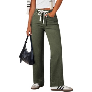 image:imageSidefeel Womens High Waisted Straight Leg Jeans Drawstring Denim PantsGreen