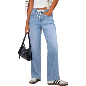 image:imageSidefeel Womens High Waisted Straight Leg Jeans Drawstring Denim PantsIceland Blue