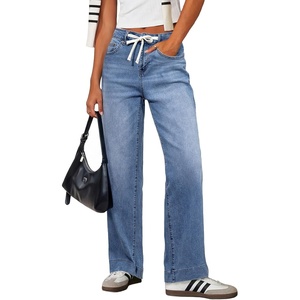 image:imageSidefeel Womens High Waisted Straight Leg Jeans Drawstring Denim PantsLight Blue