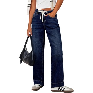 image:imageSidefeel Womens High Waisted Straight Leg Jeans Drawstring Denim PantsNavy Blue