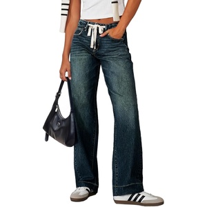 image:imageSidefeel Womens High Waisted Straight Leg Jeans Drawstring Denim PantsReal Teal