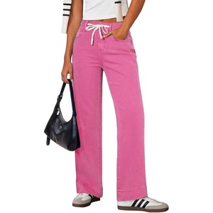 image:imageSidefeel Womens High Waisted Straight Leg Jeans Drawstring Denim PantsRose Red