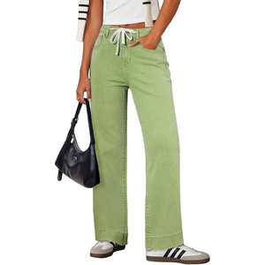 image:imageSidefeel Womens High Waisted Straight Leg Jeans Drawstring Denim PantsSmoke Green