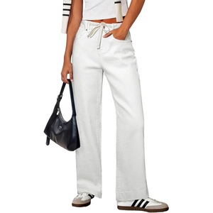image:imageSidefeel Womens High Waisted Straight Leg Jeans Drawstring Denim PantsWhite