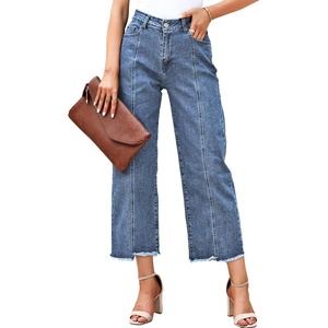 image:imageSidefeel Womens High Waisted Straight Leg Jeans Loose Cropped Denim PantsSky Blue