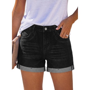 image:imageSidefeel Womens High Waisted Stretchy Folded Hem Jean ShortsBlack