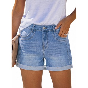 image:imageSidefeel Womens High Waisted Stretchy Folded Hem Jean ShortsIceland Blue