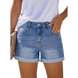 image:imageSidefeel Womens High Waisted Stretchy Folded Hem Jean ShortsLight Blue