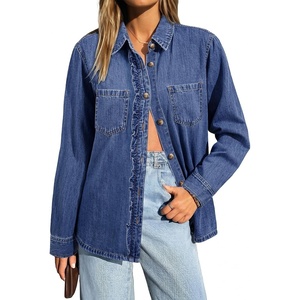 image:imageSidefeel Womens Long Sleeve Ruffle Trim Button Down Denim ShirtBlue