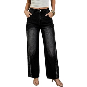 image:imageSidefeel Womens Rhinestone Wide Leg Jeans High Waisted Denim PantsBlack