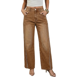 image:imageSidefeel Womens Rhinestone Wide Leg Jeans High Waisted Denim PantsBrown