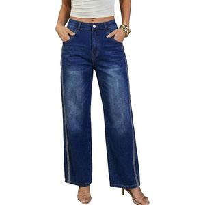 image:imageSidefeel Womens Rhinestone Wide Leg Jeans High Waisted Denim PantsDark Blue