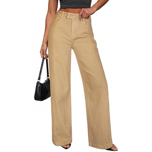 image:imageSidefeel Womens Wide Leg Jeans High Waisted Stretchy Baggy Denim PantsKhaki