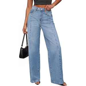 image:imageSidefeel Womens Wide Leg Jeans High Waisted Stretchy Baggy Denim PantsSky Blue