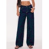image:imageSidefeel Wide Leg Jeans for Women Flocking Flower High Waist Denim PantsDark Green