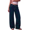 image:imageSidefeel Wide Leg Jeans for Women Flocking Flower High Waist Denim PantsDark Green