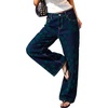 image:imageSidefeel Wide Leg Jeans for Women Flocking Flower High Waist Denim PantsDark Green