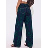 image:imageSidefeel Wide Leg Jeans for Women Flocking Flower High Waist Denim PantsDark Green