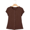 image:imageSidefeel Womens Ribbed Short Sleeve Top Button Down Slim Fit TopsChicory Coffee