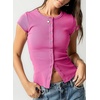 image:imageSidefeel Womens Ribbed Short Sleeve Top Button Down Slim Fit TopsRose Red