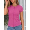 image:imageSidefeel Womens Ribbed Short Sleeve Top Button Down Slim Fit TopsRose Red