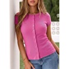 image:imageSidefeel Womens Ribbed Short Sleeve Top Button Down Slim Fit TopsRose Red