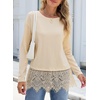 image:imageSidefeel Womens Shirts Long Sleeve Crewneck Lace Trim Stretch TopsApricot