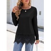 image:imageSidefeel Womens Shirts Long Sleeve Crewneck Lace Trim Stretch TopsBlack