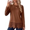 image:imageSidefeel Womens Shirts Long Sleeve Crewneck Lace Trim Stretch TopsBrown