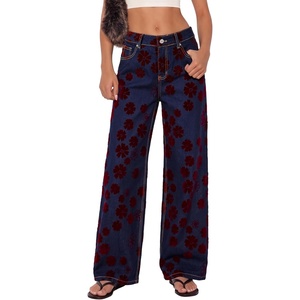 image:imageSidefeel Wide Leg Jeans for Women Flocking Flower High Waist Denim PantsBlue Red