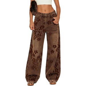 image:imageSidefeel Wide Leg Jeans for Women Flocking Flower High Waist Denim PantsBrown