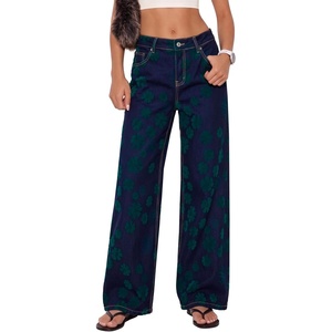 image:imageSidefeel Wide Leg Jeans for Women Flocking Flower High Waist Denim PantsDark Green