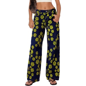 image:imageSidefeel Wide Leg Jeans for Women Flocking Flower High Waist Denim PantsGold
