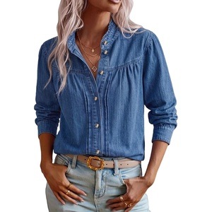 image:imageSidefeel Womens Denim Shirt Button Down Long Sleeve Jean Blouses TopsBlue