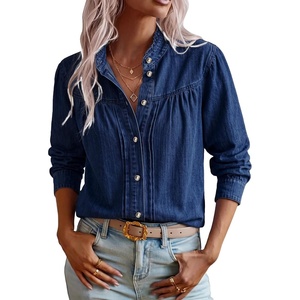 image:imageSidefeel Womens Denim Shirt Button Down Long Sleeve Jean Blouses TopsDark Blue